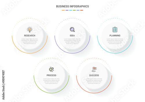 5 clean infographic design shaped elements template, symbolizing the five stages of business strategy and progression. Progress bar or timeline. Vector for presentation, web site or app.