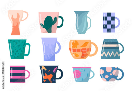 Set of mugs. Cups with hot drinks for house. Tea ceremony at home. Dishware and kitchen utensil. Ceramics crockery and teacup. Flat vector collection
