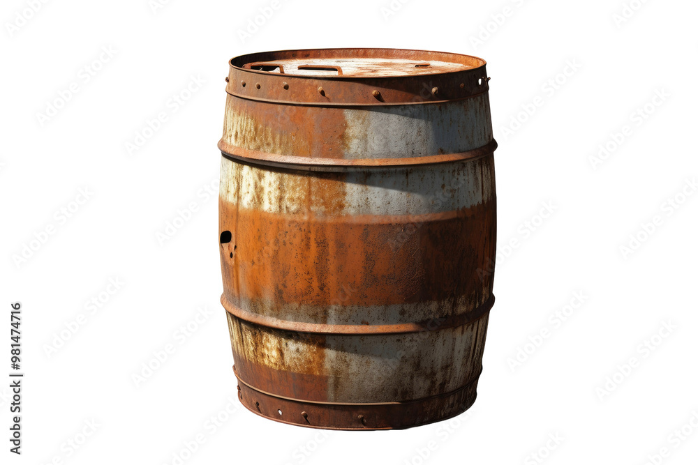 Obraz premium Rusty metal barrel, full body centered on white background, stock photograph, high quality, metallic texture aged by weather, central focus, isolated, showcasing the patina of rust, accented details