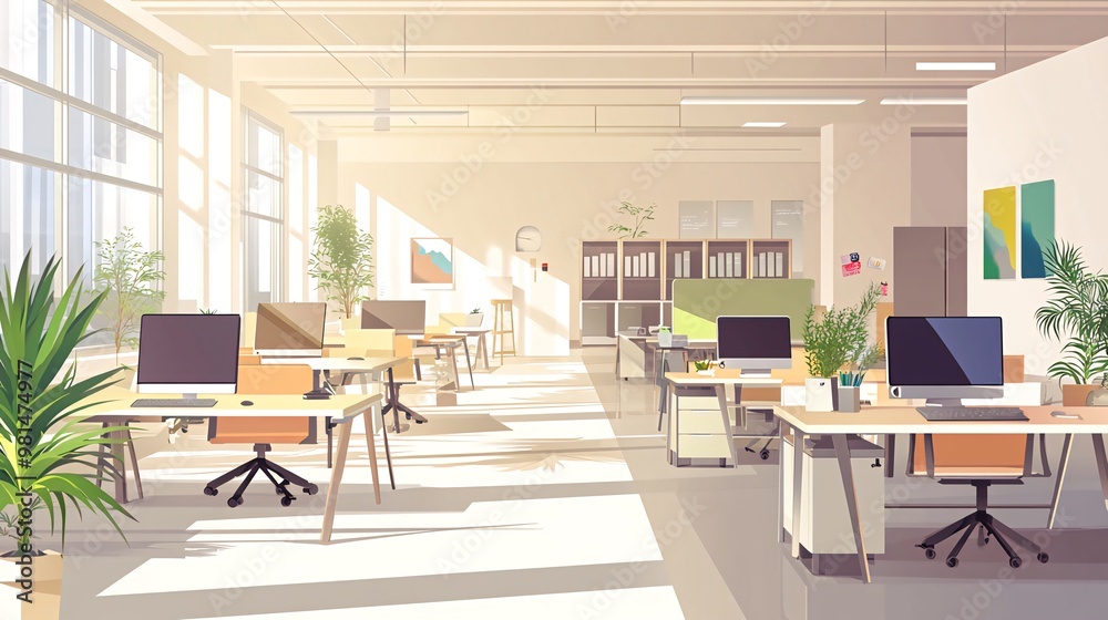 Modern open plan office interior with large windows, sunlight, wooden desks, office chairs, and potted plants. Modern open plan office interior with large windows, sunlight, wooden desks, office chairs, and potted plants.