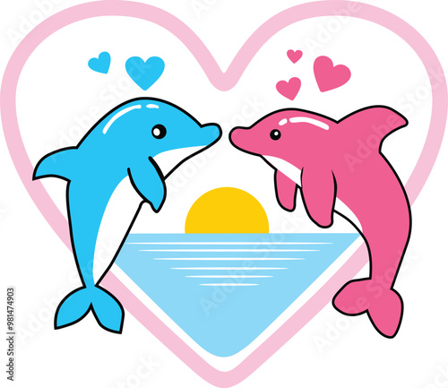 Vector illustration logo couple dolphin love edition isolated on white background