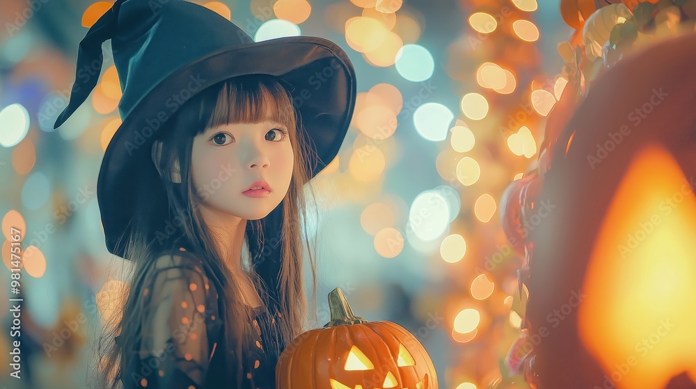 cute Japanese girl wearing witch hat with bokeh light background, Halloween Celebration festive night cute Japanese girl wearing witch hat with bokeh light background, Halloween Celebration festive night