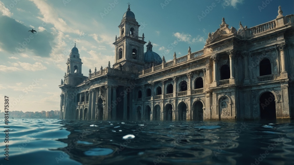 Naklejka premium Beneath the waves, the sunken city of Atlantis reveals glimpses of its grand history