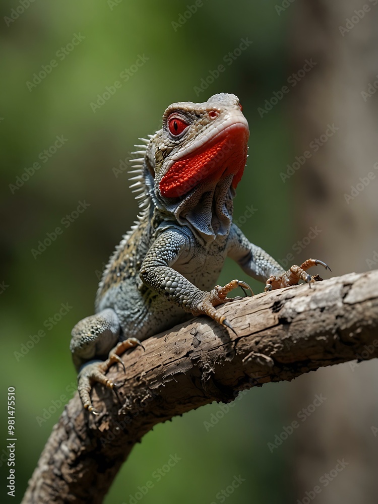 Lizard with a red tongue on a branch. Lizard with a red tongue on a branch.