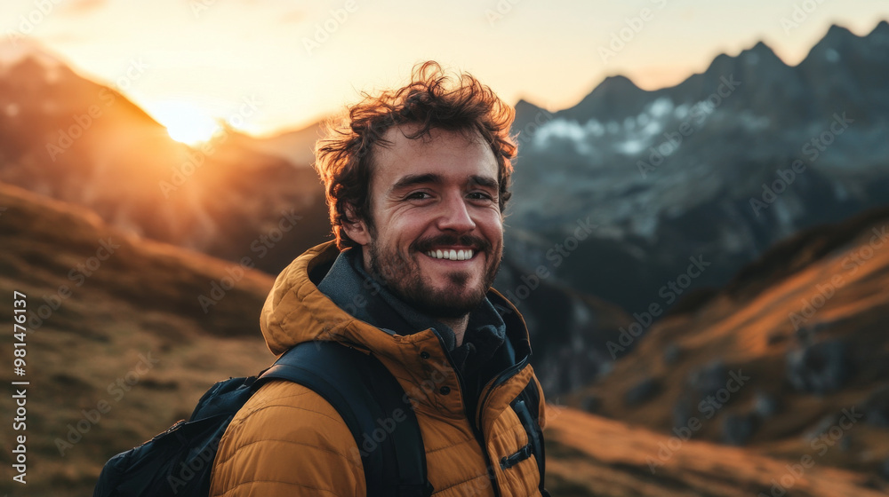 Man smiling while standing in front of a beautiful mountain range at sunrise, peaceful and awe-inspiring atmosphere Man smiling while standing in front of a beautiful mountain range at sunrise, peaceful and awe-inspiring atmosphere