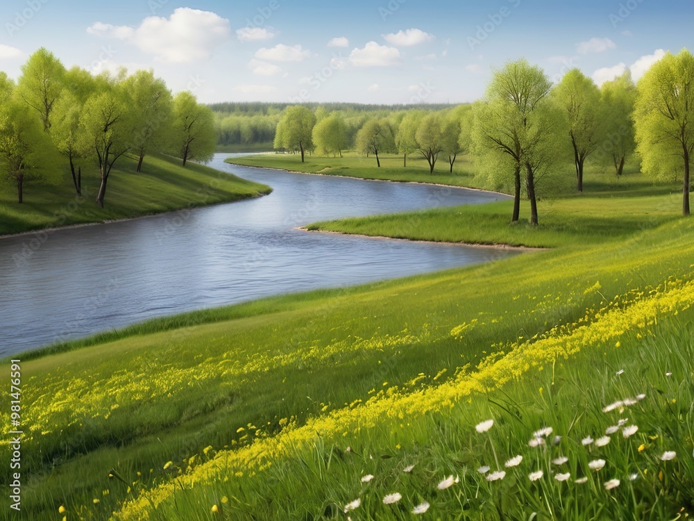Obraz premium Spring river among fields with blooming dandelions