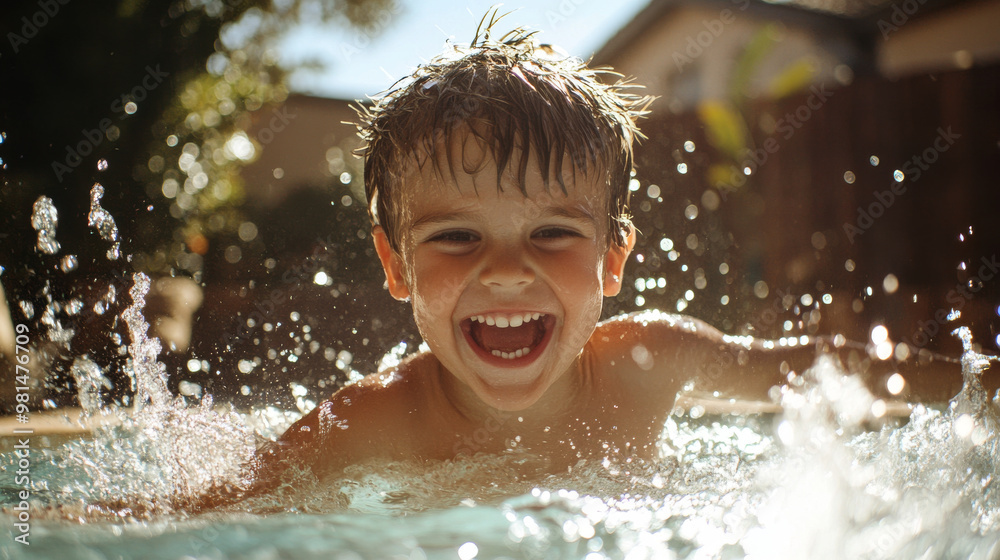 Young boy with a wide grin, splashing in a sunny backyard pool, bright water and playful energy Young boy with a wide grin, splashing in a sunny backyard pool, bright water and playful energy
