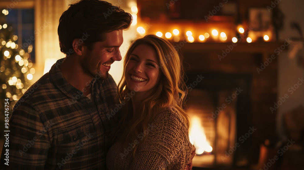 Fototapeta premium Young couple smiling while standing in front of a cozy fireplace, warm ambiance and soft lighting
