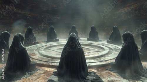 Doykeestr sect individuals seated in hoods around a circular formation in a mystical setting