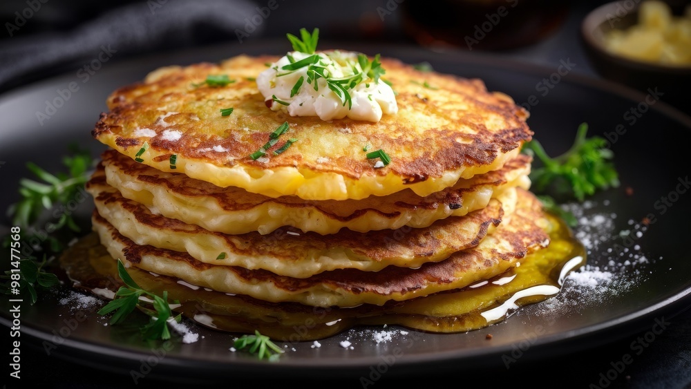 Juicy, mouthwatering and delicious
German potato pancakes with butter on a dark plate. Juicy, mouthwatering and delicious
German potato pancakes with butter on a dark plate.
