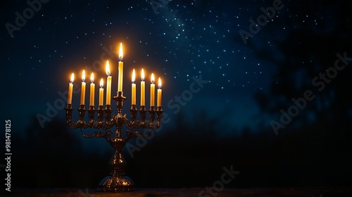 The menorah stands tall with glowing candles under a clear starry sky, creating a serene atmosphere