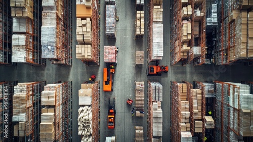 A eye view of a busy warehouse with workers operating forklifts and organizing packages on rows of shelving units, reflecting a bustling distribution center.