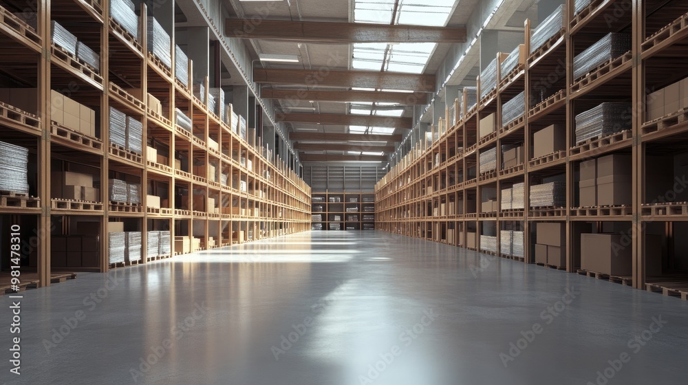 A clean, empty warehouse interior with expansive shelving units, ready to be filled with goods, highlighting industrial space and logistical planning. A clean, empty warehouse interior with expansive shelving units, ready to be filled with goods, highlighting industrial space and logistical planning.