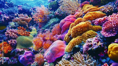 Fototapeta Naklejka Na Ścianę i Meble -  Vibrant Coral Paradise, a dazzling display of colorful coral formations at the Great Barrier Reef, showcasing the rich biodiversity and stunning marine life of Australia.