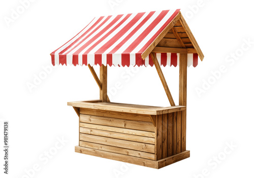 wooden market stand stall with red white. Transparent background, Isolated PNG.