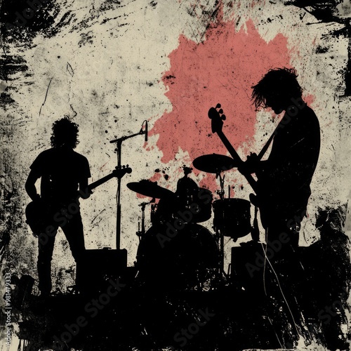 Silhouette of a rock band performing on a grunge background.