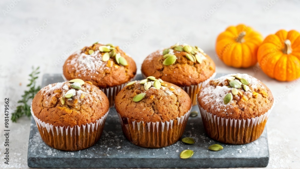 Muffins with pumpkin seeds on a stone plate, sprinkled with powdered sugar and small pumpkin seeds. Muffins with pumpkin seeds on a stone plate, sprinkled with powdered sugar and small pumpkin seeds.