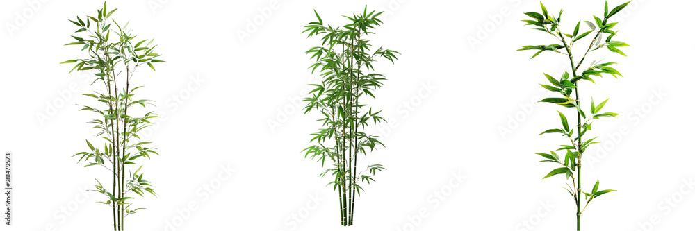 Obraz premium Set of A tall, graceful stalk of bamboo with lush green leaves isolated on transparent background