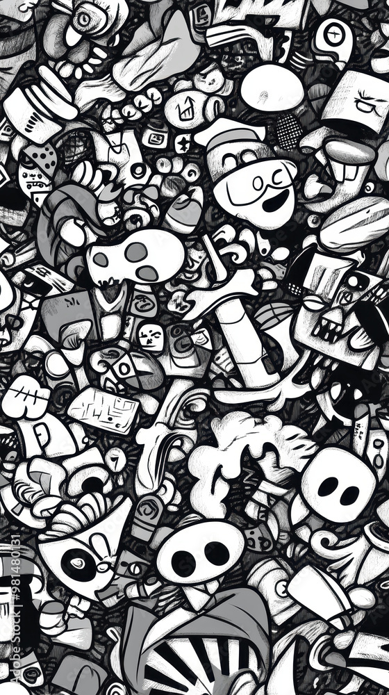 Naklejka premium A vibrant collection of quirky, cartoonish characters and abstract designs filling the canvas with energy and creativity