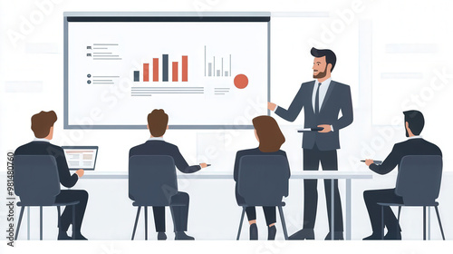 A professional leadership presentation is taking place in modern conference room. executive is presenting data on screen while audience attentively observes, showcasing teamwork and collaboration