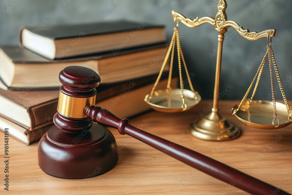 A gavel rests on wooden table beside set of law books and golden scale of justice, symbolizing legal system and courtroom proceedings A gavel rests on wooden table beside set of law books and golden scale of justice, symbolizing legal system and courtroom proceedings