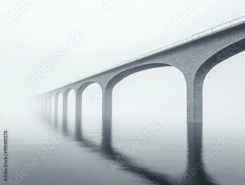 Skybridge Overlooking Calm Lake on Foggy Day