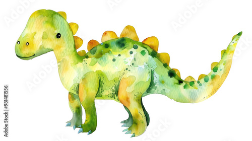 Cute green dinosaur. Isolated on transparent watercolor illustration of dino. Tyrannosaurus rex for children's invitation cards, baby shower, decoration of kid's rooms and clothes photo