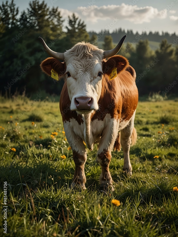 Majestic cow grazing in a meadow, rural setting.