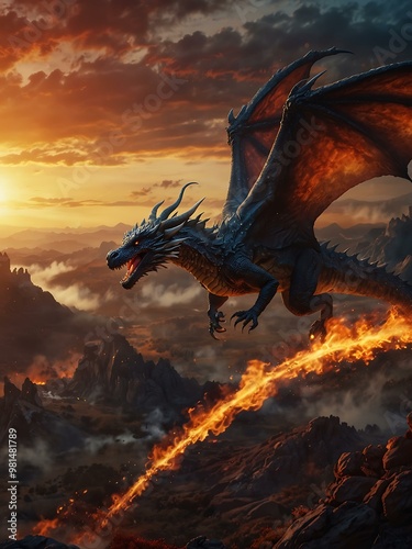 Majestic dragon flying above a fiery landscape, embodying fantasy.