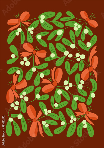 Vintage botanical mid century Christmas poster or art print with mistletoe branches and bows. Hippie 60s, 70s style. Vector illustration on dark background in nostalgic style. Winter holiday mood