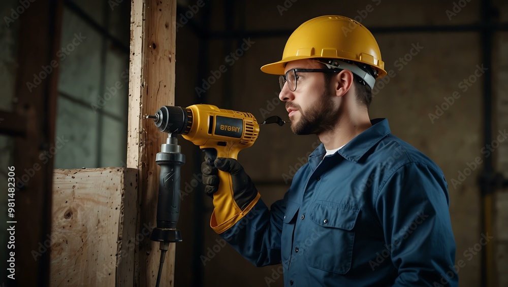 Male engineer with a drill, renovating with safety gear. Male engineer with a drill, renovating with safety gear.