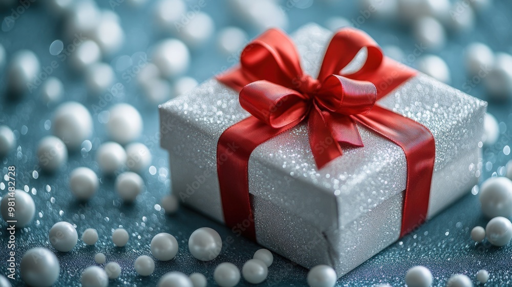 A single white gift box with a red ribbon on a blue background with white pearl-like decorations. A single white gift box with a red ribbon on a blue background with white pearl-like decorations.