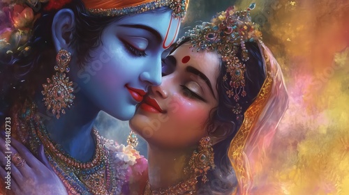 Exquisite Image of Radha Krishna in a Beautiful and Colorful Artistic Depiction photo