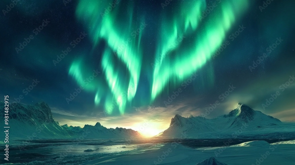 Fototapeta premium Auroras Enchanting the Norwegian Sky, vibrant colors swirl and shimmer above icy landscapes, creating a breathtaking display of natural wonder and beauty.