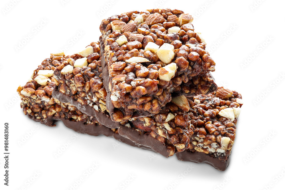 Chocolate protein bars with nuts, cereal and granola isolated on transparent background, high protein sports nutrition Chocolate protein bars with nuts, cereal and granola isolated on transparent background, high protein sports nutrition