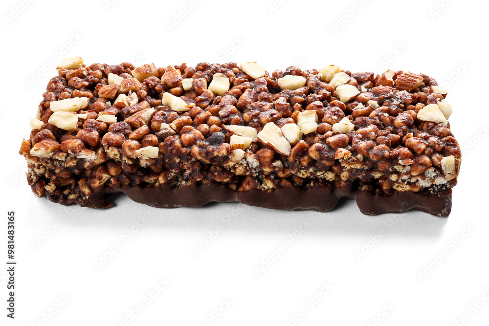 Chocolate protein bar with nuts, cereal and granola isolated on transparent background, high protein sports nutrition Chocolate protein bar with nuts, cereal and granola isolated on transparent background, high protein sports nutrition