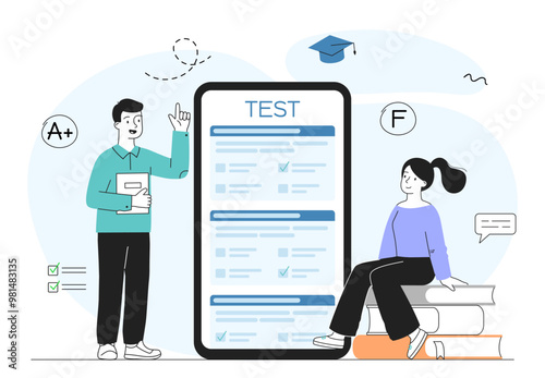 People with online test. Man and woman answer questions. Learning and training. Students filling form. Examination and test. Linear vector illustration
