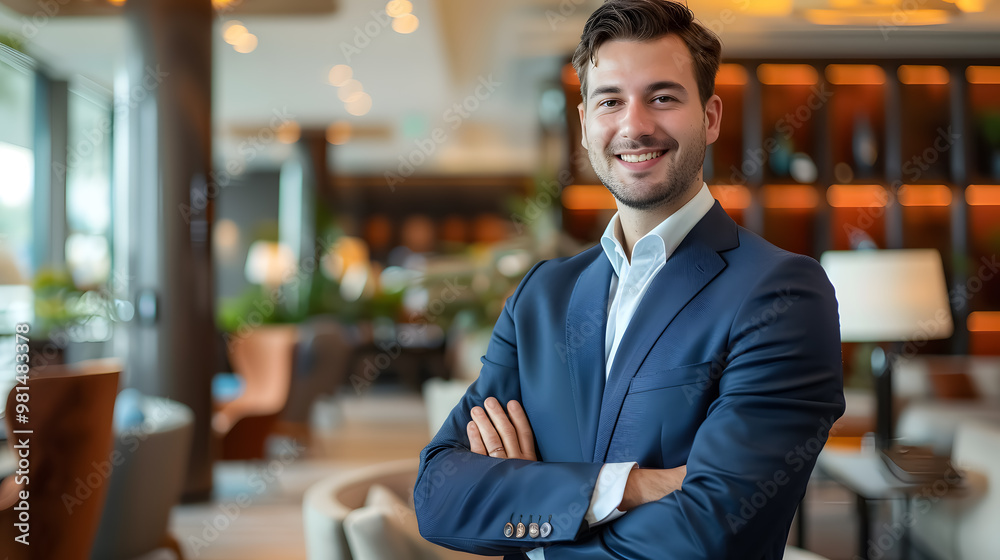 Panoramic shot of smiling businessman in suit with crossed arms looking at camera in hotel Panoramic shot of smiling businessman in suit with crossed arms looking at camera in hotel