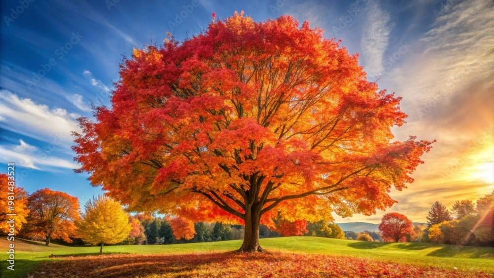 Vibrant autumn tree standing tall, showcasing brilliant orange and red leaves against a stunning sunset backdrop.