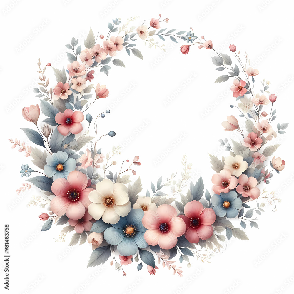 wildflower, wheat, flower and vine wreath image on white background wildflower, wheat, flower and vine wreath image on white background