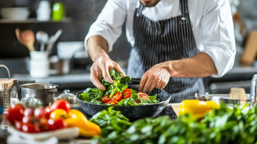 chef in a well-equipped kitchen arranging microgreens on a plated dish with precision, copy space