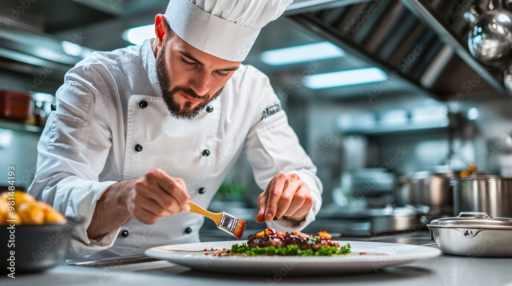 chef in a well-equipped kitchen arranging microgreens on a plated dish with precision, copy space
