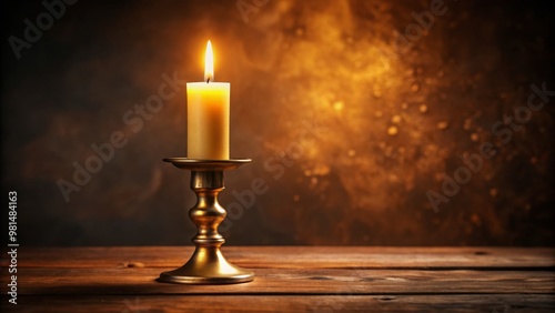 A lit candle on a golden holder with a warm glow, creating a serene atmosphere against a blurred background.