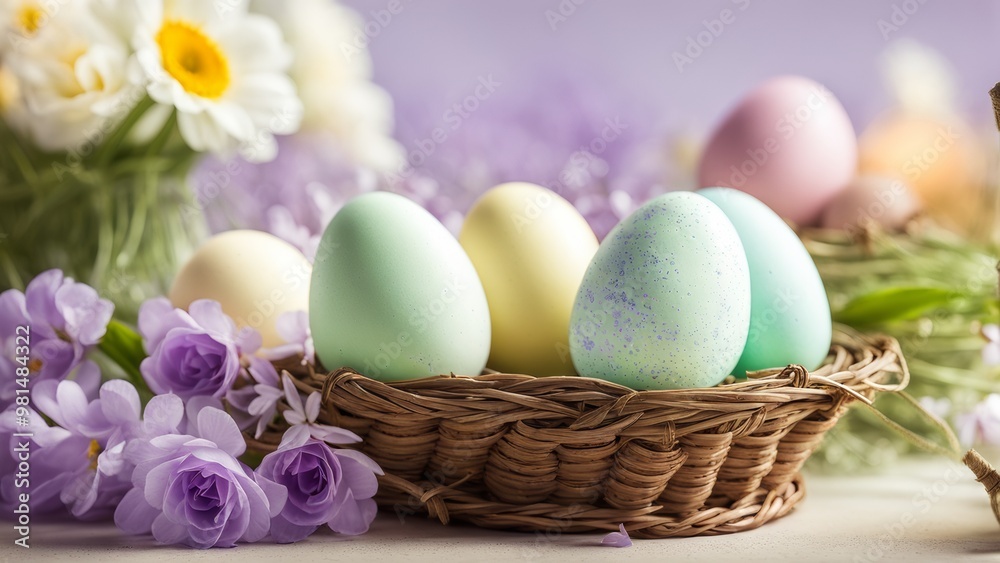 Easter holiday. Pastel-colored eggs, spring flowers, elegant baskets made in a fresh color palette of pale lavender, mint green and pale yellow. Easter holiday. Pastel-colored eggs, spring flowers, elegant baskets made in a fresh color palette of pale lavender, mint green and pale yellow.