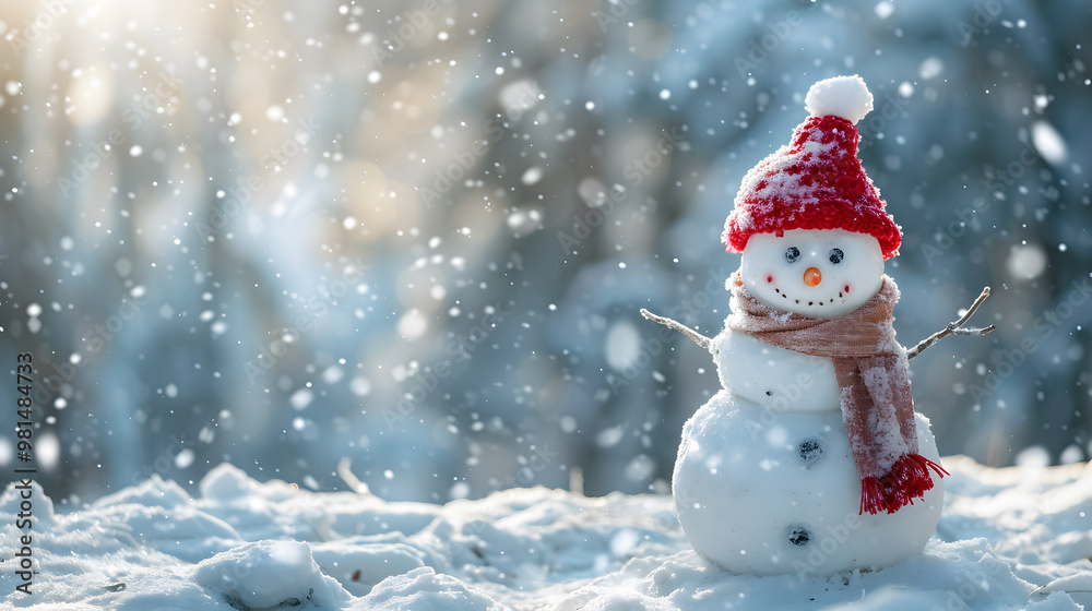 Panoramic View of Happy Snowman in Winter Scenery Panoramic View of Happy Snowman in Winter Scenery