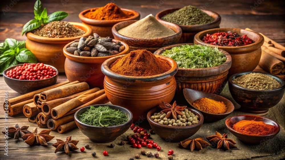 A vibrant display of assorted spices and herbs in rustic bowls, perfect for culinary inspiration and food photography. A vibrant display of assorted spices and herbs in rustic bowls, perfect for culinary inspiration and food photography.