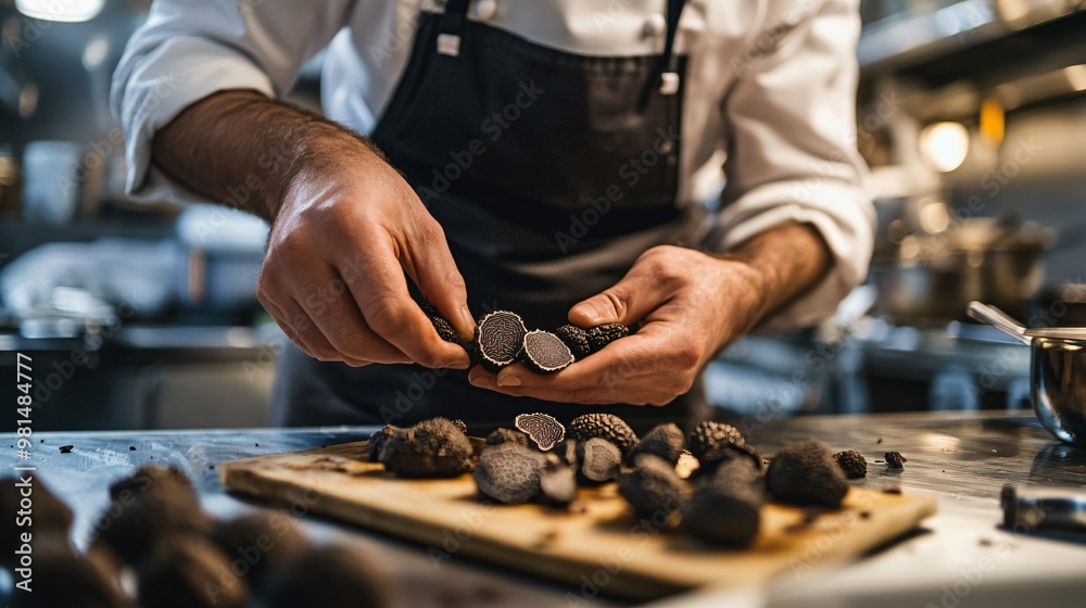 chef in a well-equipped kitchen arranging microgreens on a plated dish with precision, copy space