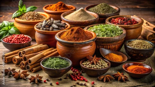 Naklejka A vibrant display of assorted spices and herbs in rustic bowls, perfect for culinary inspiration and food photography.