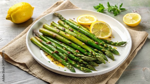 A vibrant plate of freshly cooked asparagus with lemon slices, garnished with herbs, perfect for healthy dining.