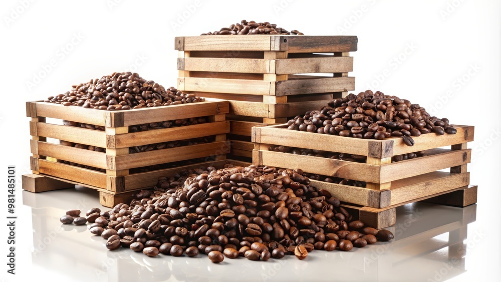 Aesthetic wooden crates filled with roasted coffee beans, showcasing rich textures and colors for coffee enthusiasts. Aesthetic wooden crates filled with roasted coffee beans, showcasing rich textures and colors for coffee enthusiasts.